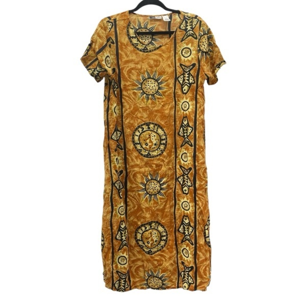 LA CERA Bohemian Sun Fish Print Rayon Lounge Dress Batik Boho Summer Lightweight